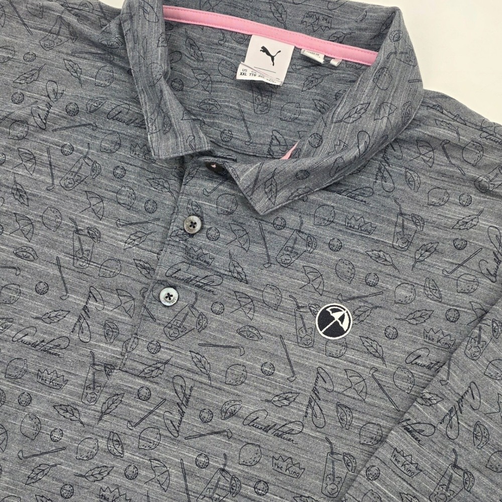 PUMA ARNOLD PALMER GOLF POLO MENS 2XL XXL GRAY ALL OVER PRINT THE KING LOGO EUC